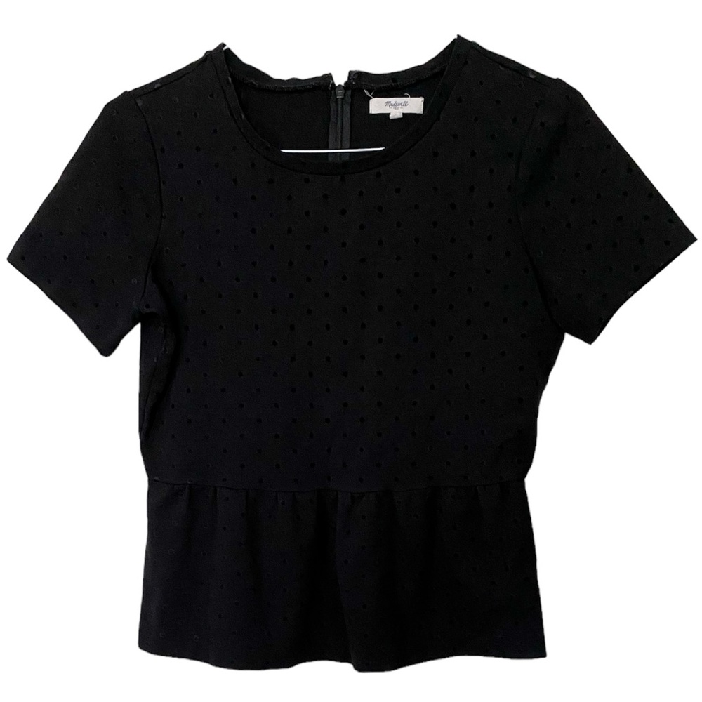 Madewell Black Flocked Polka Dot Peplum Top Short Sleeve Shirt Size M Me…